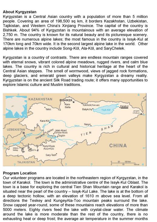 Short Term Work Camps Youth Volunteer Organization Karakol Kyrgyzstan